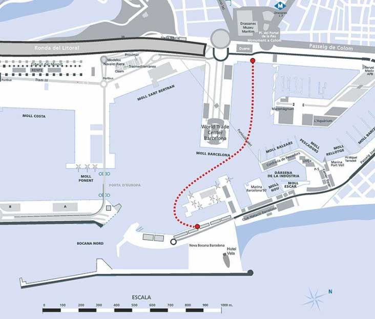 traject van de waterbus veerdienst in Barcelona