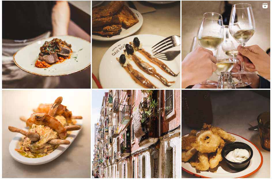 Multiple photos of Can Ros restaurant in Barcelona, featuring interior views and various dishes