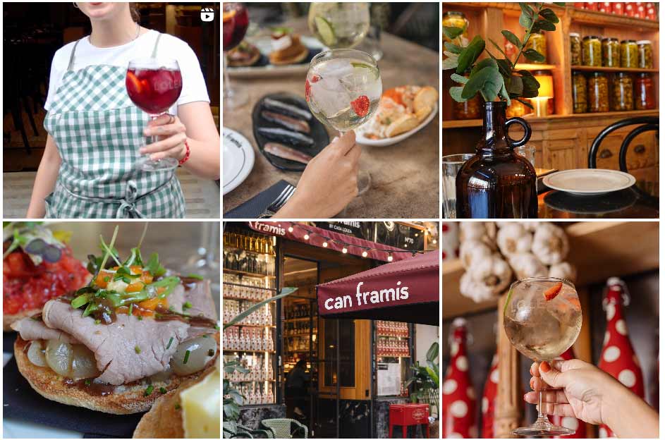 Verschillende foto’s van gerechten en het interieur van restaurant Can Framis in Barcelona