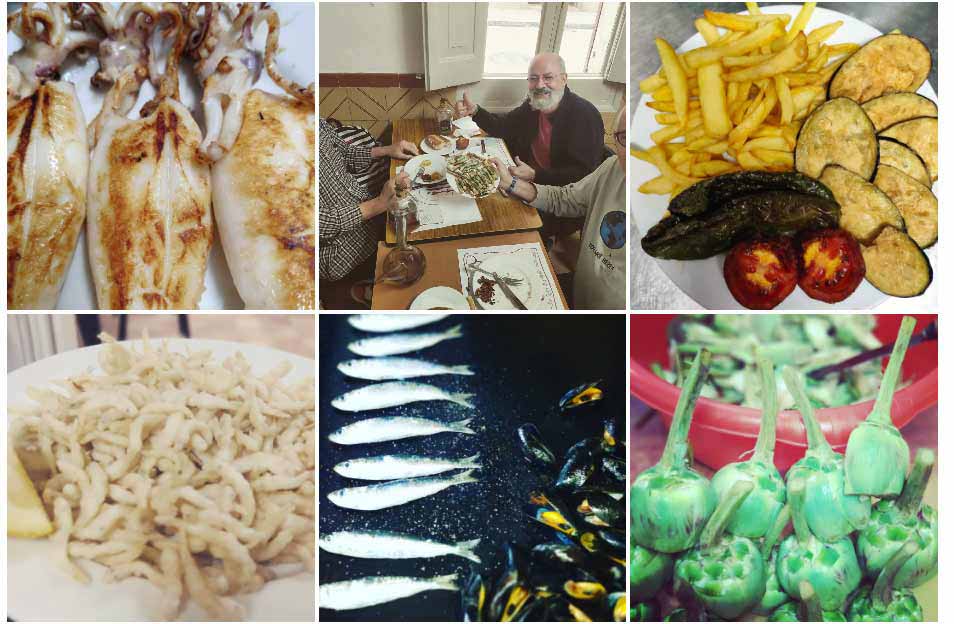 Multiple photos of Can Maño restaurant in Barcelona, featuring interior views and various dishes