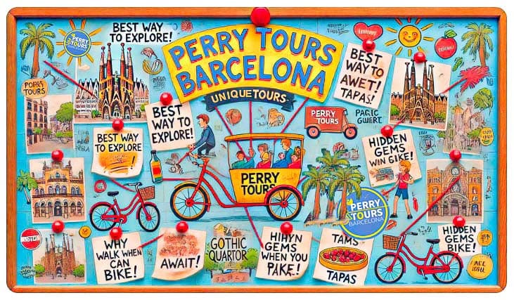 Klassiek moodboard met Barcelona-bezienswaardigheden en fietsscenes ter promotie van Perry Tours fietstours.