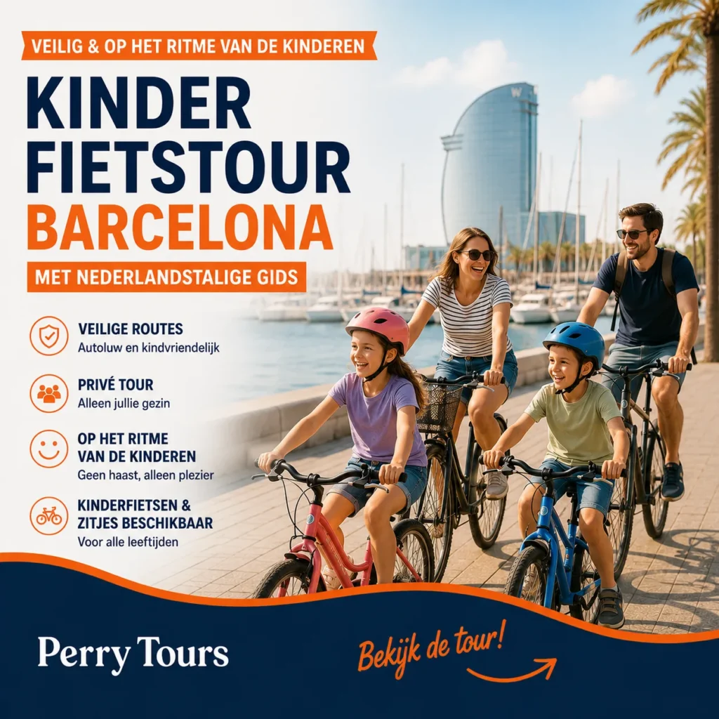 Gezin tijdens een veilige kinderfietstour in Barcelona met Nederlandstalige gids van Perry Tours aan de oude haven.